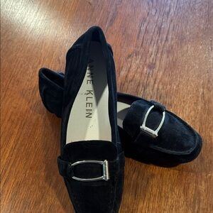 Anne Klein Black Suede Loafers with Silver Buckle